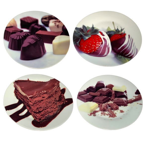 NIB Stokes Chocolate Treat Porcelain Dessert Serving Plates Set of 4 - Picture 1 of 8